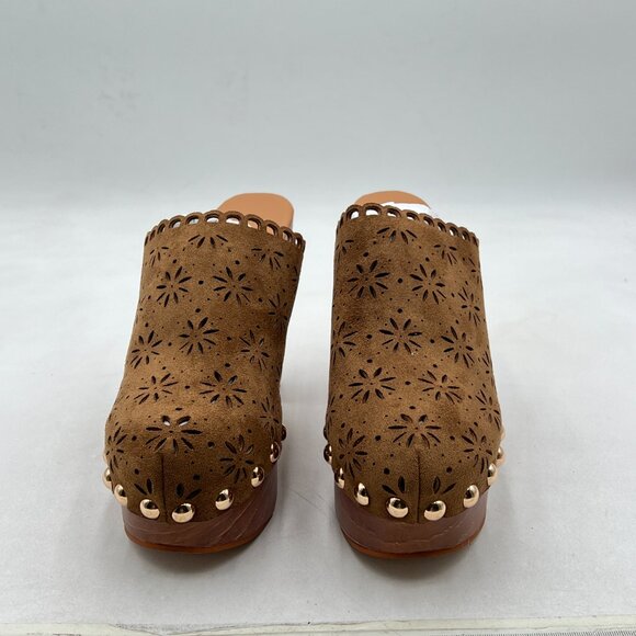 FOWT Tan Studded Round Toe Floral Cut Out Platform Mules Chunky Heel Sandals - Picture 3 of 8